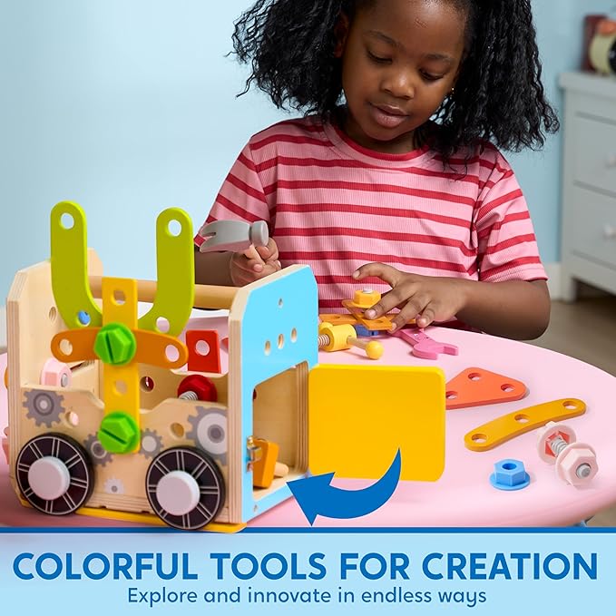 SYNCFUN Kids Tool Set, 51 PCS Wooden Educational Tools for Boys and Girls, Montessori Toys for 3 4 5 6 Year Old, Learning and Construction Toys for Toddlers, Christmas Birthday Gift