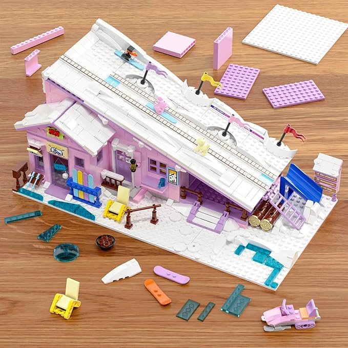 Pink Girls Ski Resort Winter Village House Building Set Compatible with Lego Friends Snow Cabin Collection, Construction Educational Toy for Kids Age 8-12 and Up 1042 PCS