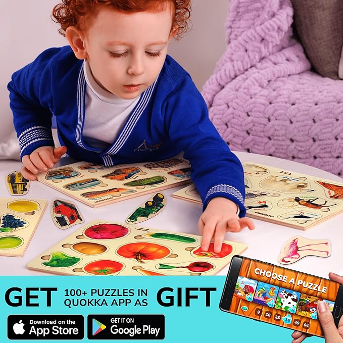 QUOKKA Wooden Puzzles for Toddlers 1-3 – 3xSET Toddler Puzzles Ages 2-4 – Montessori Cars Toy Puzzles for Toddlers 3-5 – Wood Toy Learning Realistic Fruits, Cars and Vegetables for Boy and Girl