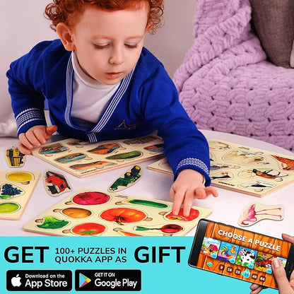 QUOKKA Wooden Puzzles for Toddlers 1-3 – 3xSET Toddler Puzzles Ages 2-4 – Montessori Cars Toy Puzzles for Toddlers 3-5 – Wood Toy Learning Realistic Fruits, Cars and Vegetables for Boy and Girl
