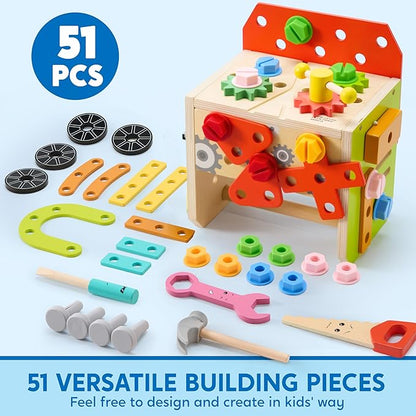 SYNCFUN Kids Tool Set, 51 PCS Wooden Educational Tools for Boys and Girls, Montessori Toys for 3 4 5 6 Year Old, Learning and Construction Toys for Toddlers, Christmas Birthday Gift