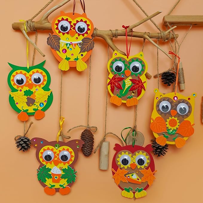 Winlyn 24 Sets Fall Craft Kits Autumn Crafts DIY Fall Owl Ornaments Decorations Art Sets Maple Leaves Pumpkin Foam Stickers Arts and Crafts for Kids Classroom Activities Holiday Harvest Party Favors