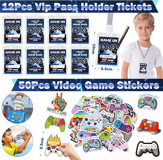 Winrayk 136Pcs Kids Video Game Party Favors Gamer Birthday Supplies, Straw VIP Pass Bag Bracelet Stamper Glow Sticker Keychain, Pinata Filler Goody Stuffer Girl Boy Game On Gaming Party Favors Decor