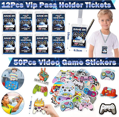 Winrayk 136Pcs Kids Video Game Party Favors Gamer Birthday Supplies, Straw VIP Pass Bag Bracelet Stamper Glow Sticker Keychain, Pinata Filler Goody Stuffer Girl Boy Game On Gaming Party Favors Decor