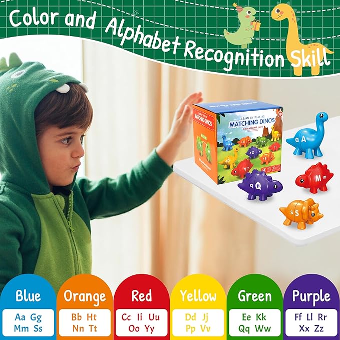 Christmas Party Games 26 Pcs Alphabet Learning Dinosaur Toys,Uppercase Paired Lowercase Matching Letters Color Sorting Fine Motor Toy, Montessori Toys for Kids for 2-5 Boys Girls