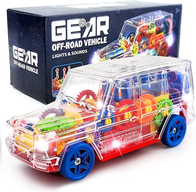 SUV Bump and Go Off Road Vehicle with Moving Gears – Light Up Transparent Toy with Music and LED Lights 8 Inch