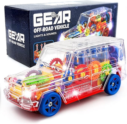 SUV Bump and Go Off Road Vehicle with Moving Gears – Light Up Transparent Toy with Music and LED Lights 8 Inch