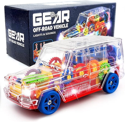 SUV Bump and Go Off Road Vehicle with Moving Gears – Light Up Transparent Toy with Music and LED Lights 8 Inch
