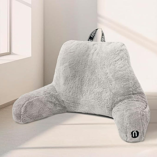 Nestl Fur Reading Pillow, Stylish Back Pillow for Bed Sitting Up, Faux Fur Bed Chair Pillow with Arms, Reading Pillows for Sitting in Bed Adult & Kids, Back Support Pillow for Bed Rest - Light Grey