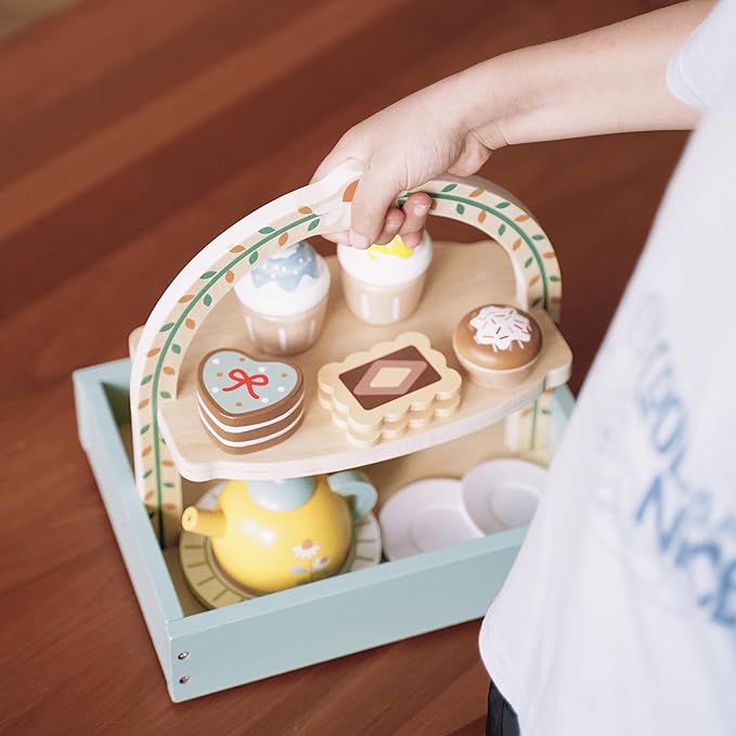 Wooden Dessert Cake Tea Party Set for Little Girls Toys, Pretend Play Kids Tea Set for Toddlers Wood Toys, Wooden Play Food Kitchen Accessories Sets for Kids