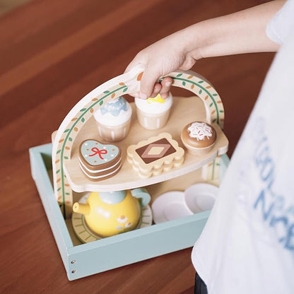 Wooden Dessert Cake Tea Party Set for Little Girls Toys, Pretend Play Kids Tea Set for Toddlers Wood Toys, Wooden Play Food Kitchen Accessories Sets for Kids