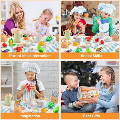42Pcs Play Kitchen Accessories, Kids Kitchen Pretend Play Toys with Play Pots and Pans, Utensils Cookware Toys, Play Food Set, Toy Vegetables, Learning Gift for Girls Boys
