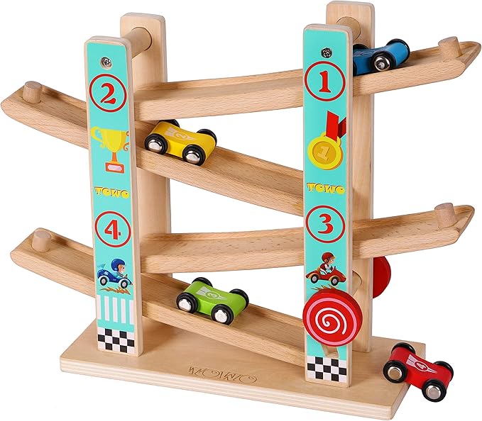 TOWO Pure Wooden Car Ramp - Zig Zag Car Slide 4 Wooden 2 3 4