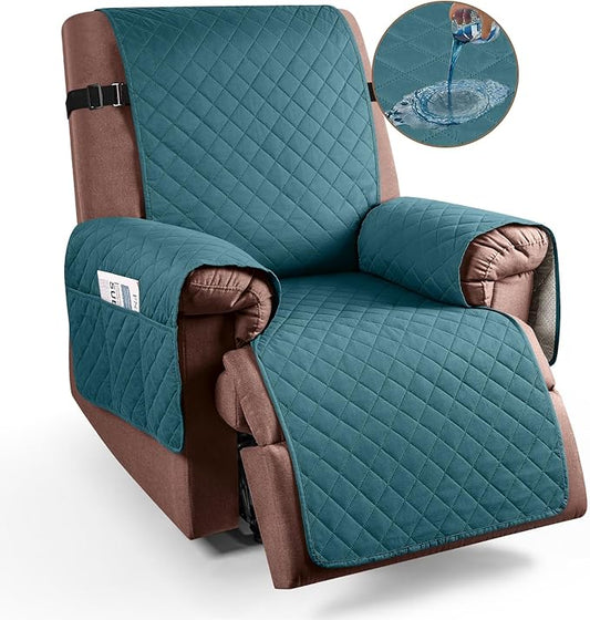 KinCam 100% Waterproof Recliner Chair Cover, Reclining Couch Covers for Pets, Dogs, Recliner Couch Slipcover Furniture Protector with Elastic Straps for Kids(23.6", Peacock Blue)