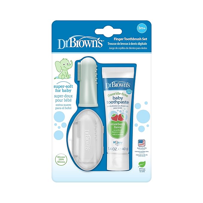 Dr. Brown's 100% Silicone Baby Finger Toothbrush and Toothpaste Set, 2-Pack Toothbrush with Storage Case, Fluoride-Free Strawberry Toddler Toothpaste, Gray & Light-Green