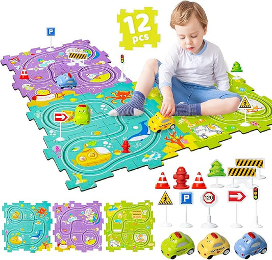 Marlo & Buzz Puzzle Racer Kids Car Track Play Set, Themed Educational Puzzles Racers Tracks with Electric Vehicles for 3+ Childrens (3 Theme (Ocean 12, pcs)