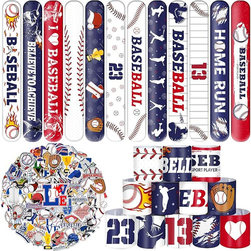 74PCS Baseball Party Favors 24PCS Baseball Slap 50PCS Baseball Stickers Bracelets Baseball Themed Party Favors Birthdays Party Decorations for Sport Game Player Kids Gifts