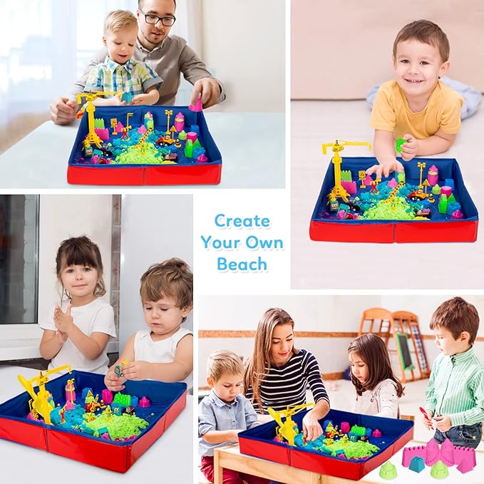 ThinkMax Sand Kit for Kids, 3lbs Sand, 6 Mini Construction Trucks, Construction Toys and Signs, Castle Sand Molds Tools, Foldable Box and Storage Bin Tote, 43PCS Sand Set for Boys Grils