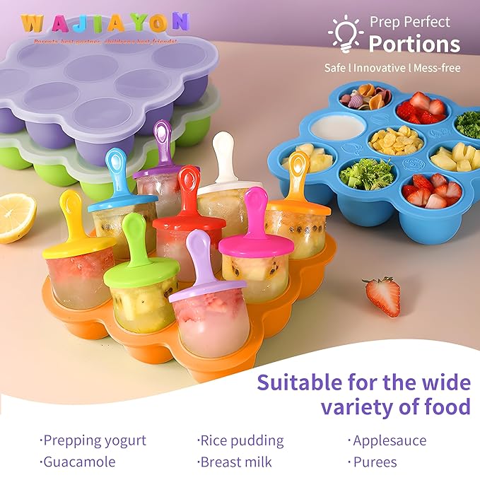 WAJIAYON Baby Food Storage Container, Silicone Baby Food Freezer Tray with Lid