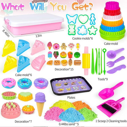 YongnKids Sensory Bin for Girls Kids,54 Pcs Ice Cream Cake Play Sand Art Kit with 2.2lb Color Sands/ 12 Cake Molds/Tools/Sandbox -Fun Sand Toys Birthday for Girls Toddler 3 4 5 6 Years Old
