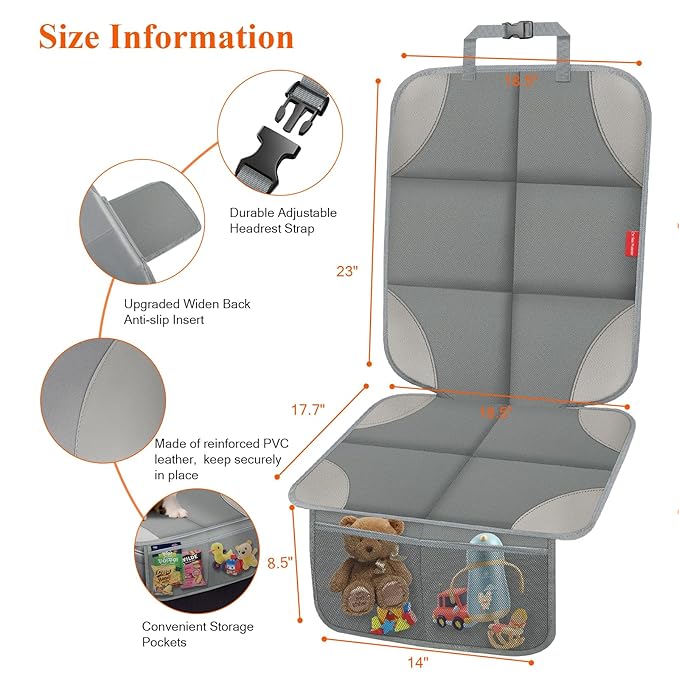 Car Seat Protector, Waterproof 600D Fabric Seat Cushion for Child Car Seat with Thickest Pad, Storage Pockets, Back Car Seat Cover for Kids, 2 Pack
