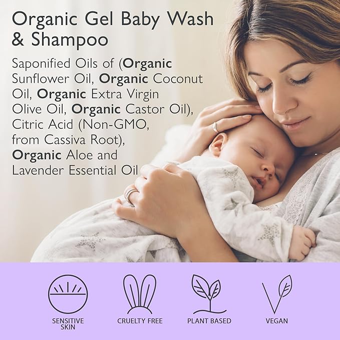 SoCal Suds & Company Organic Gel Baby Wash & Shampoo, Gentle Cleansing Infant Hair & Body Soothing Rich Oils 12oz, 2-Pack
