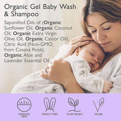 SoCal Suds & Company Organic Gel Baby Wash & Shampoo, Gentle Cleansing Infant Hair & Body Soothing Rich Oils 12oz, 2-Pack
