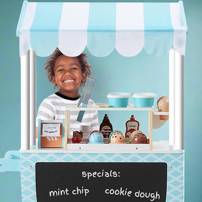 Teamson Kids My Little Helper Ice Cream Cart with Pretend Money, Colorful Magnetic Ice Cream Scoops and Chalkboard Panel, Blue/White