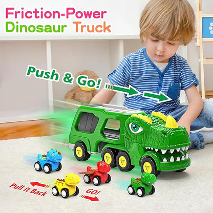 Toys for 1 2 3 4 Year Old Boy Girl, 5 in 1 Toy Trucks for Boys Age 2-3 with 4 Dinosaur Toy Cars for Toddlers 1-3