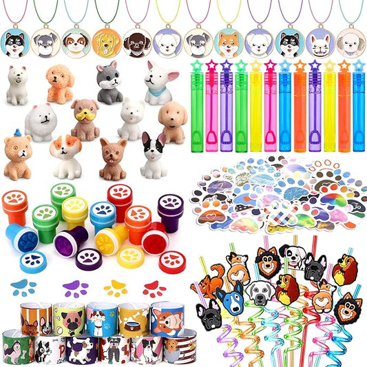 Winrayk 132Pcs Puppy Dog Party Favors Birthday Supplies Straws Dog Figures Necklace Paw Print Stamp Bubble Wand Bracelet Dog Paw Stickers Kids Boys Girls Puppy Party Favors Dog Birthday Party Supplies