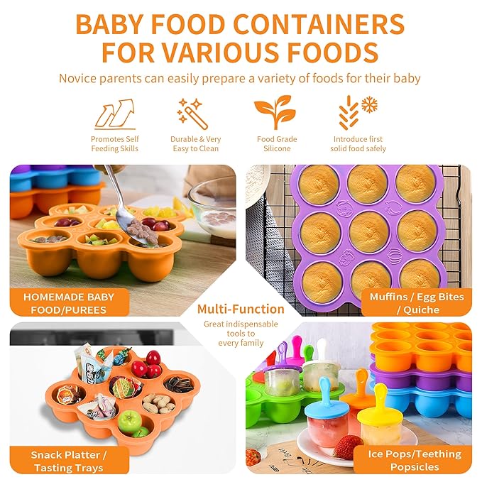 WAJIAYON Baby Food Storage Container, Silicone Baby Food Freezer Tray with Lid