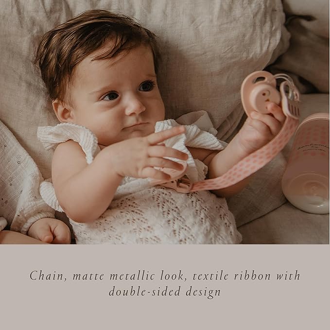 Suavinex Bonhomia Premium Baby Pacifier Clip with Ribbon, Stylish Binky Clips with Double Sided Design (0mo+), Pink