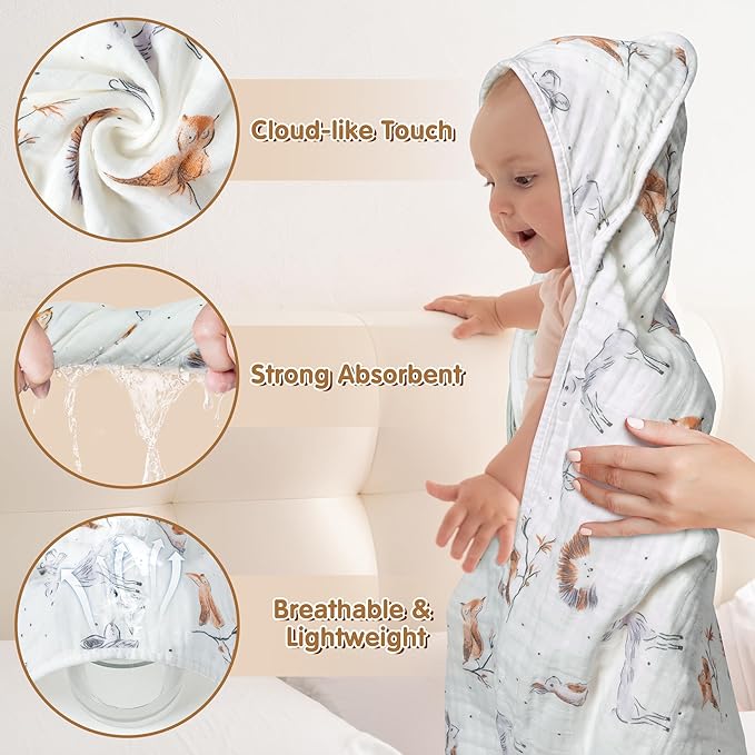 Zainpe 4Pcs Muslin Baby Hooded Towel & Washcloth Set Owl 31.5 x 31.5 in