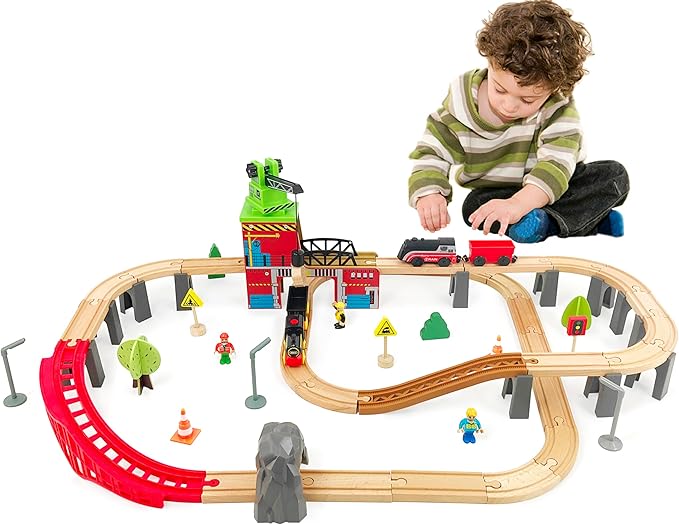 Toy Train Accessory with Track for Kids Age 3 and Up, Wooden Train Track Accessories Crane Bridge Compatible with Thomas, Brio, Chuggington, Melissa and Doug and All Major Brand Railway Track