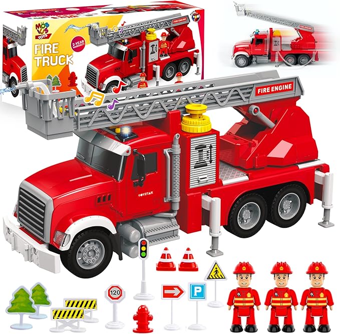 Fire Truck Toy Set for Kids - Fire Engine Truck with Water Spraying Hose, Rotating Ladder + 3 Fireman Firefighters 4-7, Girls 3 Years