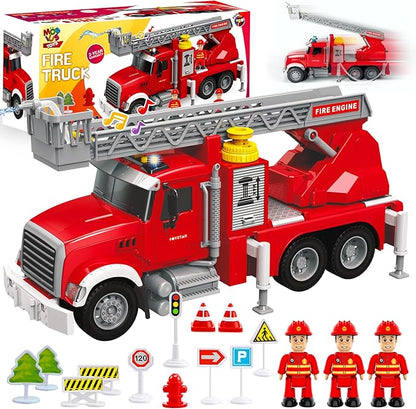 Fire Truck Toy Set for Kids - Fire Engine Truck with Water Spraying Hose, Rotating Ladder + 3 Fireman Firefighters 4-7, Girls 3 Years