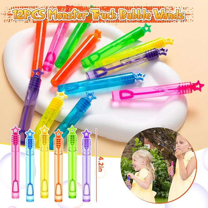 98Pcs Monster Truck Party Favors Birthday Supplies for Boys Kids, Bubble Wands Drinking Straws Slap Bracelets Keychains Stickers Goodie Bag Stuffer Monster Truck Themed Birthday Party Supplies