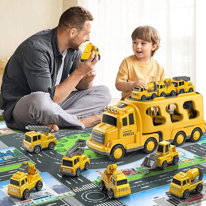 TEMI Construction Truck Toys Car for 3 4 5 6 Year Old Toddlers Boys, 7-in-1 Carrier Construction Vehicles Toys w/Play Mat