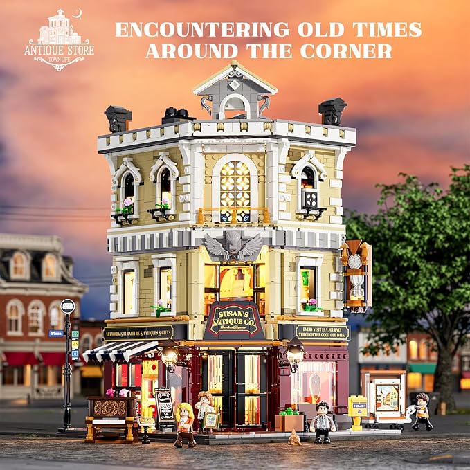 FUNWHOLE Antique-Store Lighting Building-Bricks Set - City Town Corner Collectibles Shop LED Light Modular Building Model Set 2847 Pcs for Adults and Teen