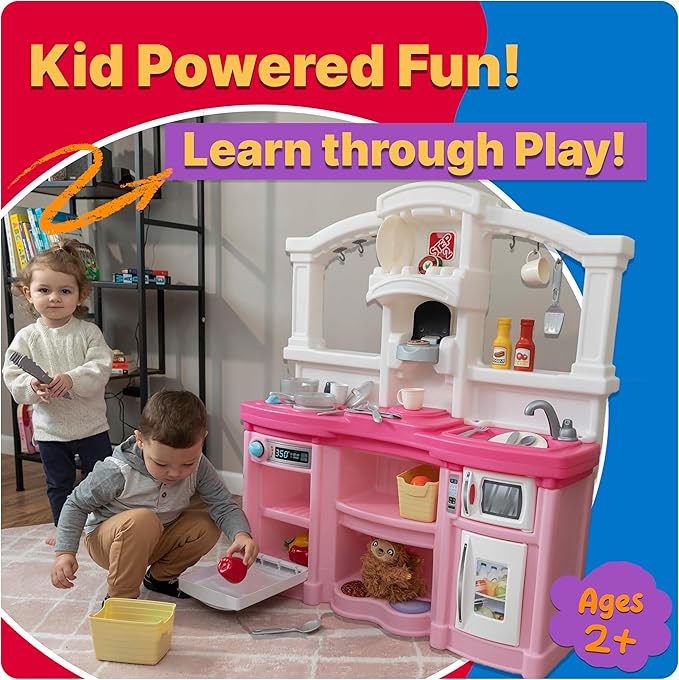 Step2 Fun with Friends Kids Kitchen Playset, Indoor/Outdoor Kitchenette, Interactive Play with Lights and Sounds, Durable Plastic, Includes 25 Piece Toy Accessories, Toddlers 2+ Years Old, Gray