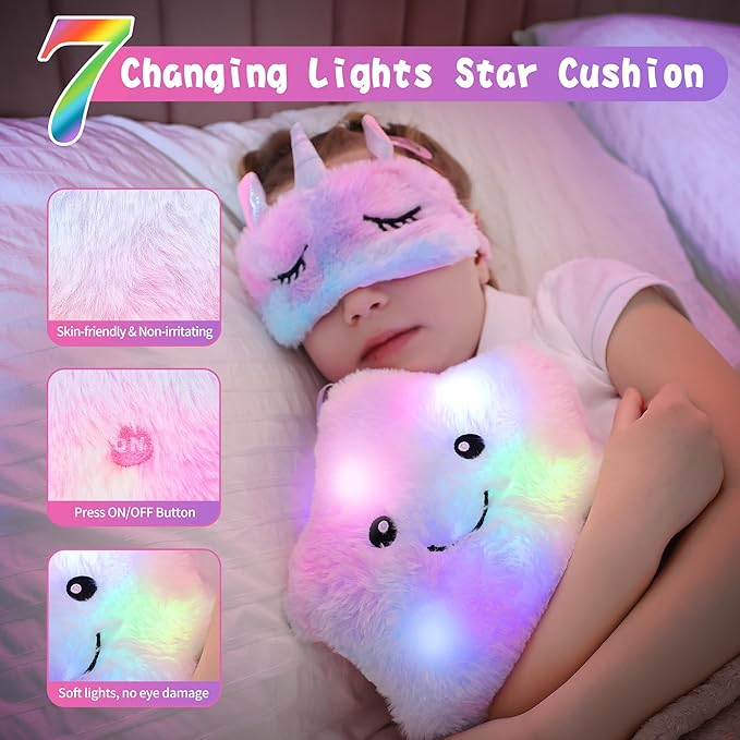 Unicorn Gifts for Girls Age 6-8, Kids Unicorn Toys Set with Light Up Star Pillow Diary Headband Eye Mask Christmas Birthday Gifts for Little Girls Age 4 5 6 7 8 9 10