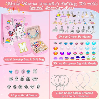 SUREHOME Charm Bracelet Making Kit Kids Jewelry Making Kit with Initial Jewelry Box Art Craft for Girls 8-12 6-8 5-7 9 11 10 Year Old Teen Girls Trendy Stuff Personalized Birthday Christmas Gifts - B