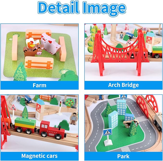 Qilay 140 Pcs Wooden Train Set, Delux Toddler Train Set Railway Kits for Kids 3,4,5 Year