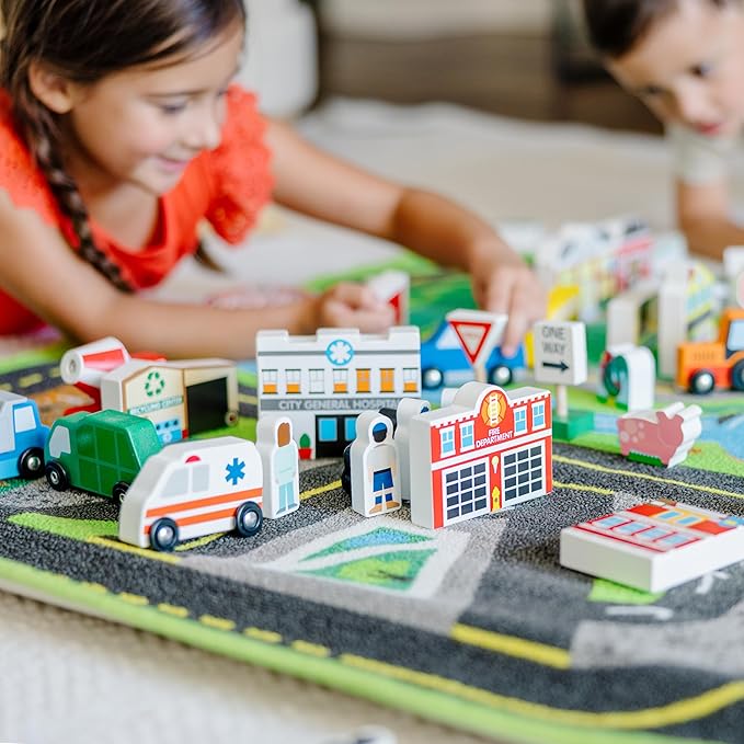 Melissa & Doug Deluxe Activity Road Rug Play Set 49 Wooden