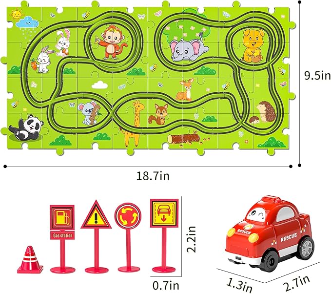 TEMI 32 PCS New Plastic Puzzles, car Tracks playset for Kids Ages 3-5 with 3 Cute Vehicle 4 5 6 Year