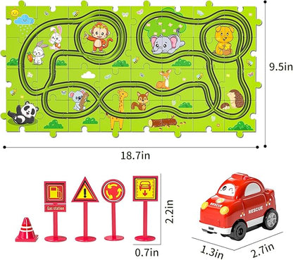 TEMI 32 PCS New Plastic Puzzles, car Tracks playset for Kids Ages 3-5 with 3 Cute Vehicle 4 5 6 Year