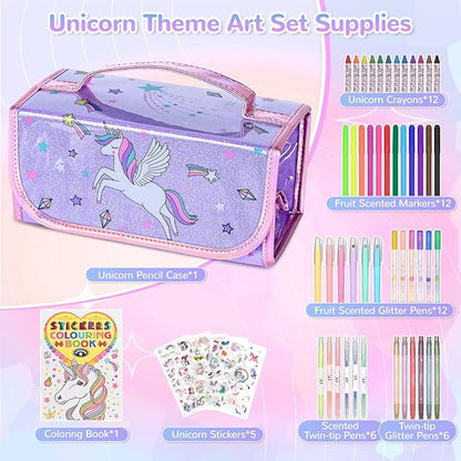 Washable Scented Markers Set for Kids - Unicorn Coloring Art Supplies Set for Kids Ages 4-8 Bithday Gifts for 4-8 Year Old girls Unicorn Pencil Case 54 PCS