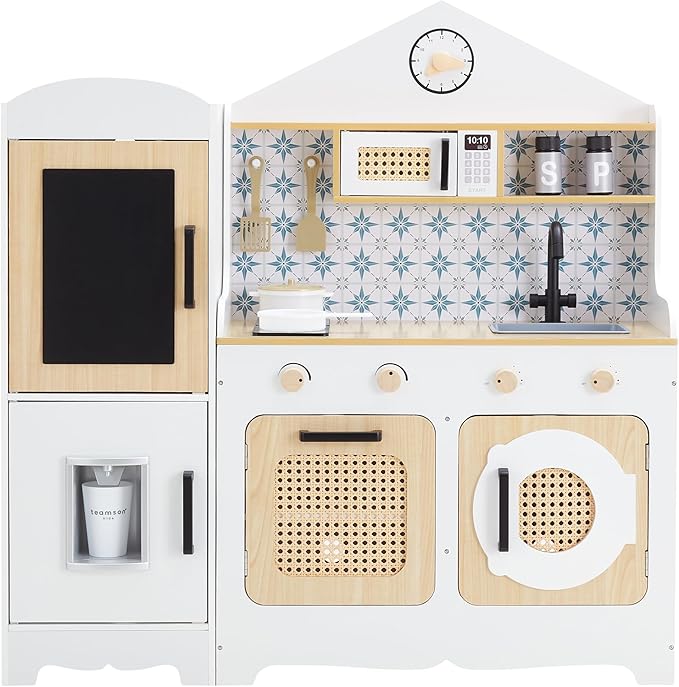 Teamson Kids Little Chef Morocco Play Kitchen with Chalkboard, Ice Dispenser, and 11pc. Accessory Set, White/Natural