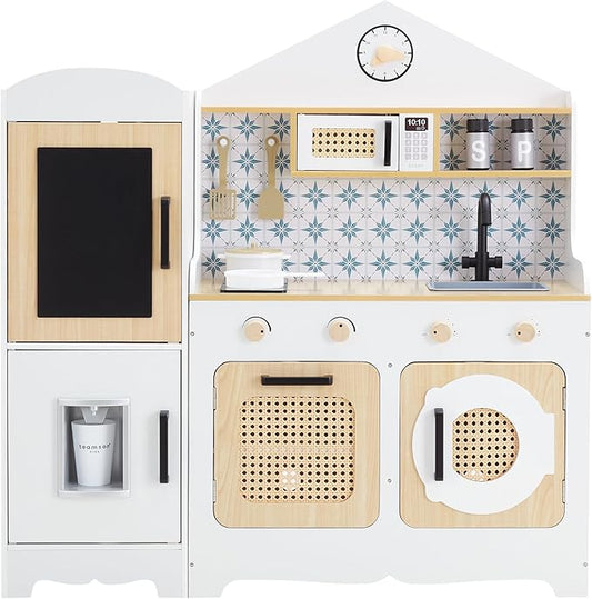 Teamson Kids Little Chef Morocco Play Kitchen with Chalkboard, Ice Dispenser, and 11pc. Accessory Set, White/Natural