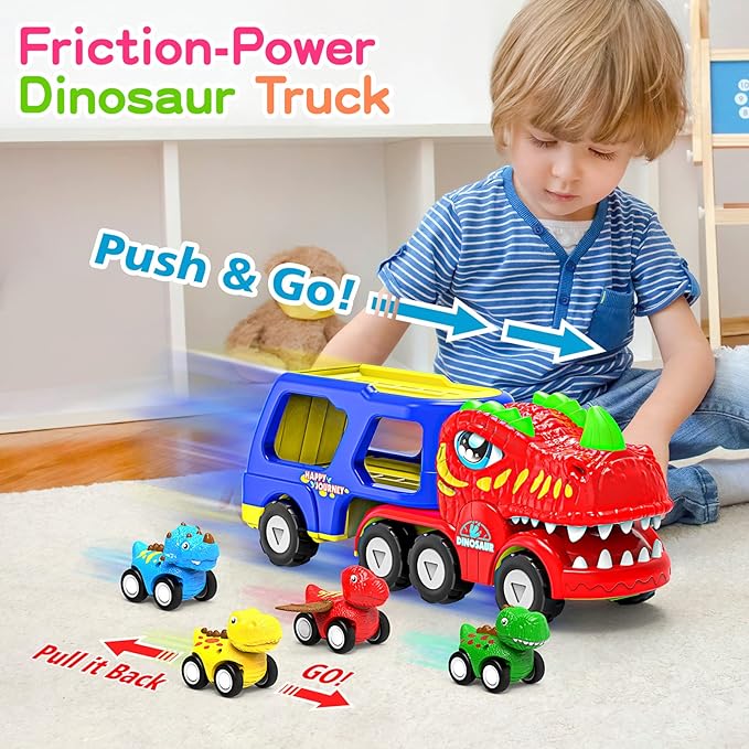 Toys for 1 2 3 4 Year Old Boys Girls, 5 in 1 Toy Trucks for Boys Age 2-3 with 4 Dinosaur Toy Cars for Toddlers 1-3